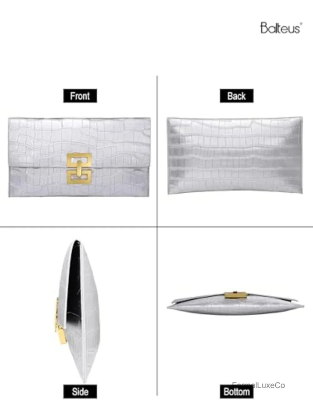 Croc-Embossed Metallic Envelope Clutch for Women, Faux Leather Evening Bag